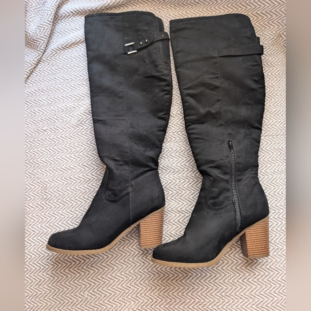 Sugar Suede Black Over the Knee Boots with Tan Heel Baddie Size 9